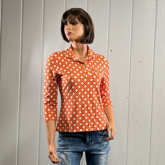 *Talbots women’s Orange Geometry Print collared Shirt Sz MP - Picture 7 of 12